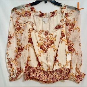 Brown Ruffled Tie Front Long Sleeve Blouse